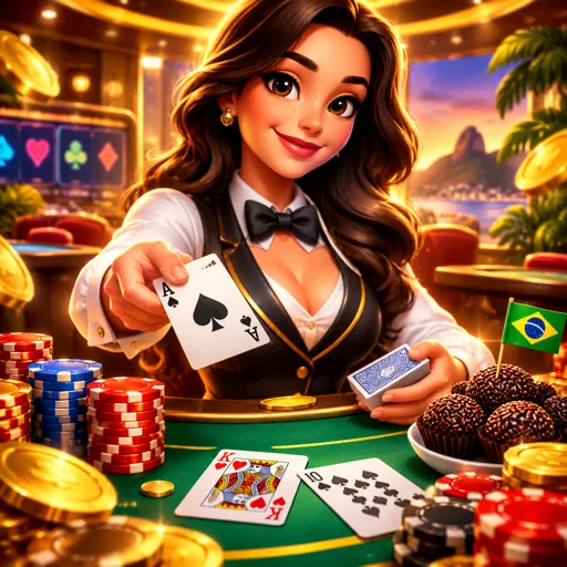 Mesa de blackjack ao vivo vista de cima, com cartas distribuídas e fichas douradas empilhadas
